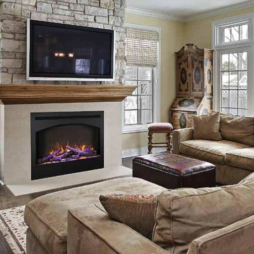 Amantii 31 Zero Clearance Electric Fireplace Arch Surround Installed in Living Room with Oak Log Set and Clear Embers and Pebbles