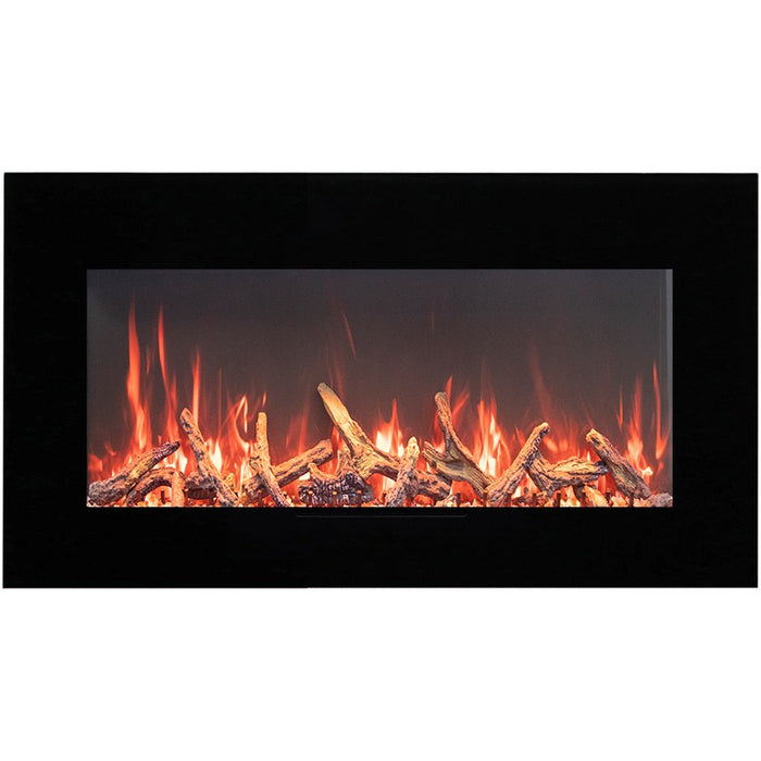 Amantii 34 Wall Mount with Black Glass Surround Oak Media Yellow Flame