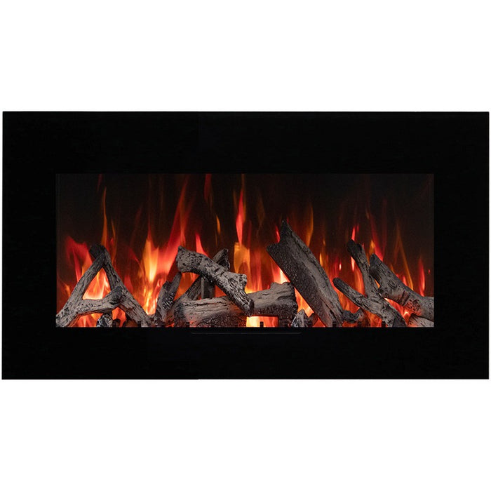 Amantii 48 Wall Mount with Black Glass Surround Rustic Media Yellow Flame