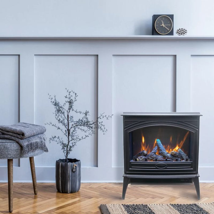 Amantii Lynnwood Freestanding Cast Iron Electric Stove Placed in Living Room Area with Oak Log Set