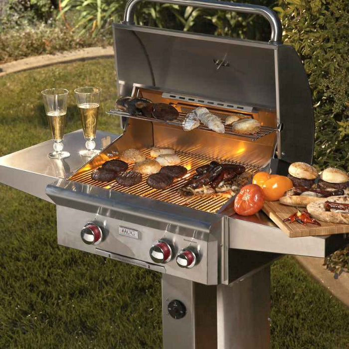 American Outdoor Grill 24 T Series Post Mount Gas Grill in Used plus warming rack  in used and  dual side shelves detailed functions