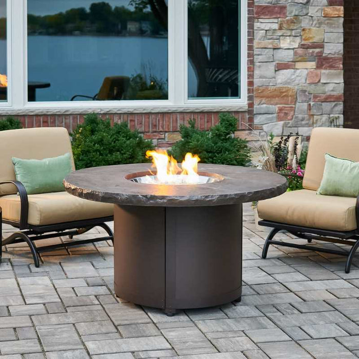 Beacon 48 Round Gas Fire Pit Table Marbleized Noche Place at the Front Yard with Clear Tempered Fire Glass Gems plus Fire Burner On