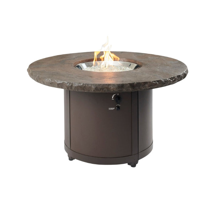 Beacon 48 Round Gas Fire Pit Table Marbleized Noche with Clear Tempered Fire Glass Gems plus Fire Burner On