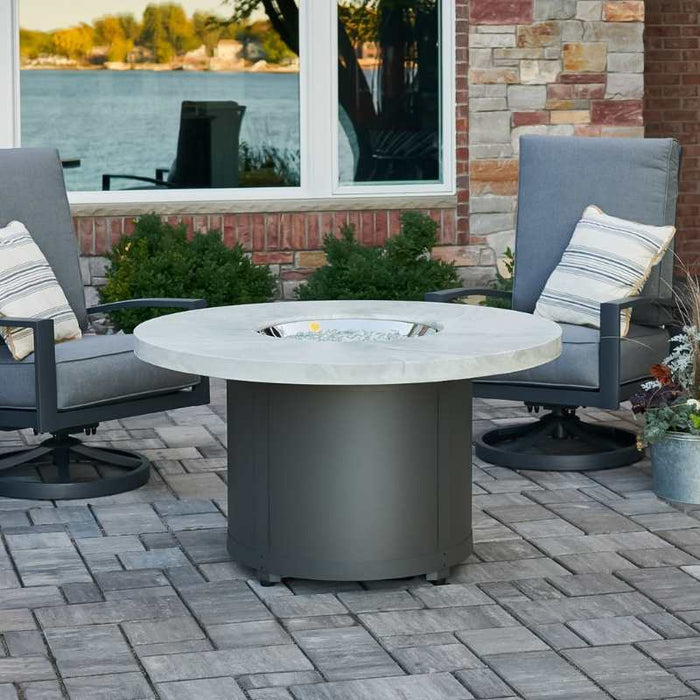 Beacon 48 Round Gas Fire Pit Table White Onyx Place at the Front Yard with Clear Tempered Fire Glass Gems