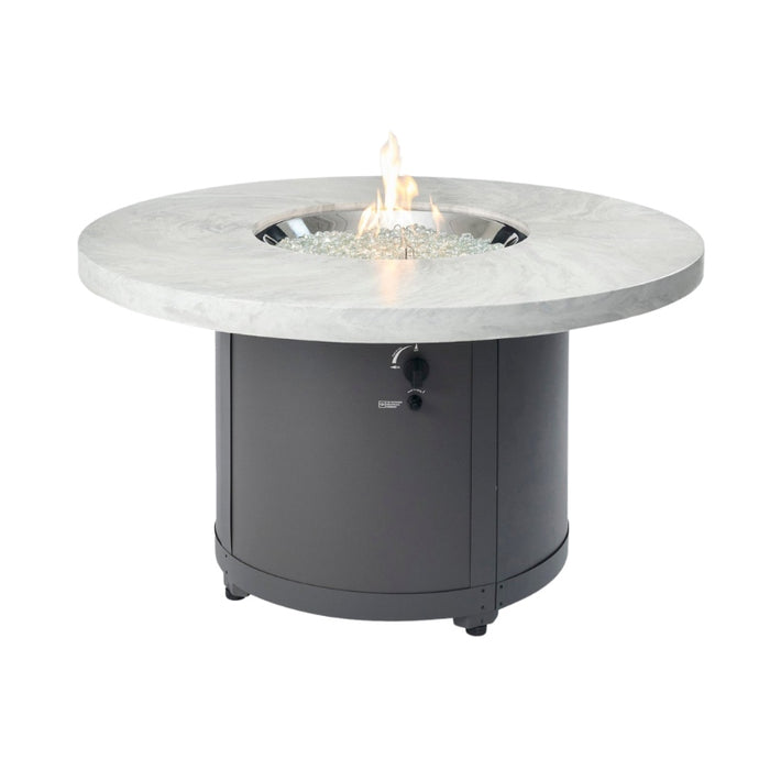 Beacon 48 Round Gas Fire Pit Table White Onyx with Clear Tempered Fire Glass Gems plus Fire Burner On