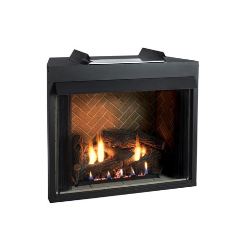 Breckenridge Select 32 Firebox with Herringbone Brick Liner, Refractory Ponderosa Log Set with Slope Glaze Burner System, Black Outer Frame, and LK3 Lighting Kit