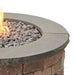 Bronson Block Round Gas Fire Pit Kit with Charcoal Grey Top Corner Details with Tumbled Lava Rock plus Fire Burner On