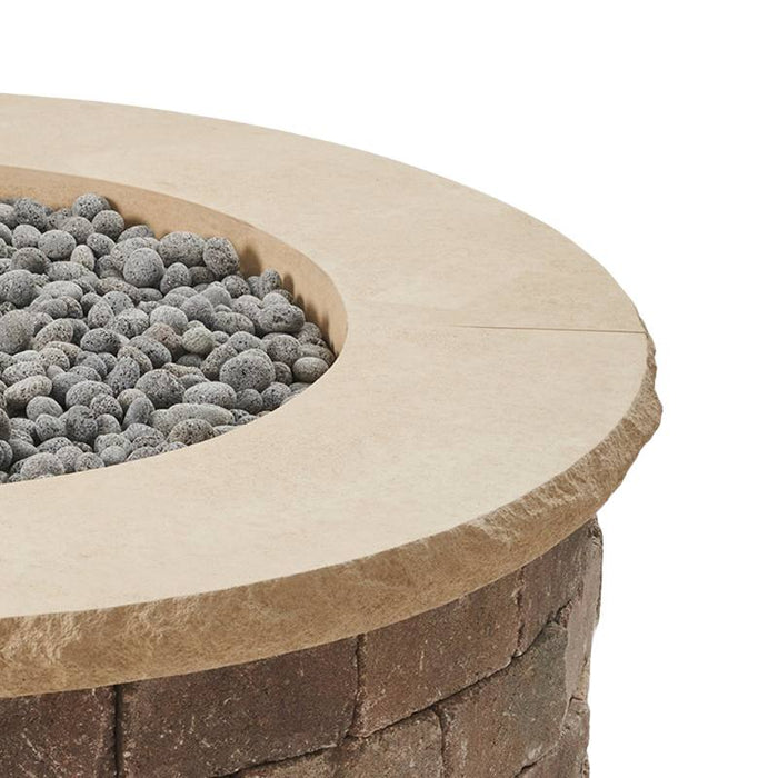 Bronson Block Round Gas Fire Pit Kit with Limestone Tan Top Corner Details with Tumbled Lava Rock