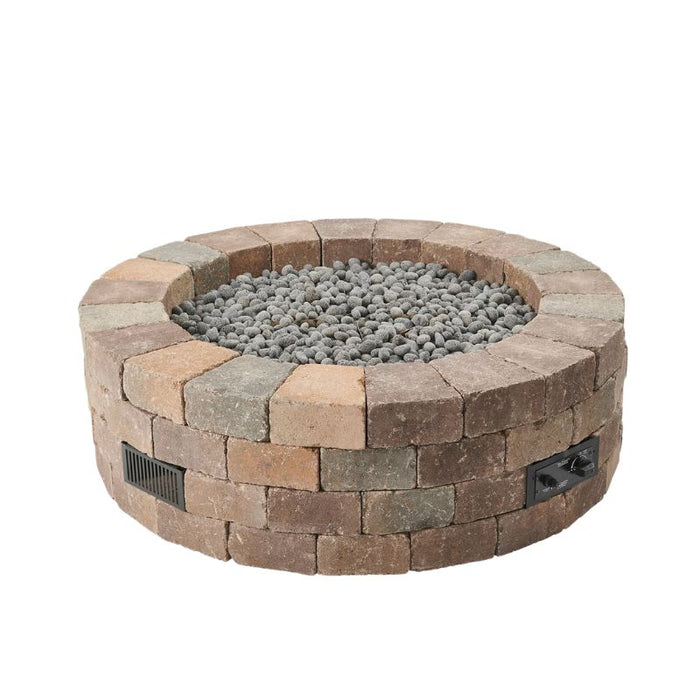 Bronson Block Round Gas Fire Pit Kit with Tumbled Lava Rock