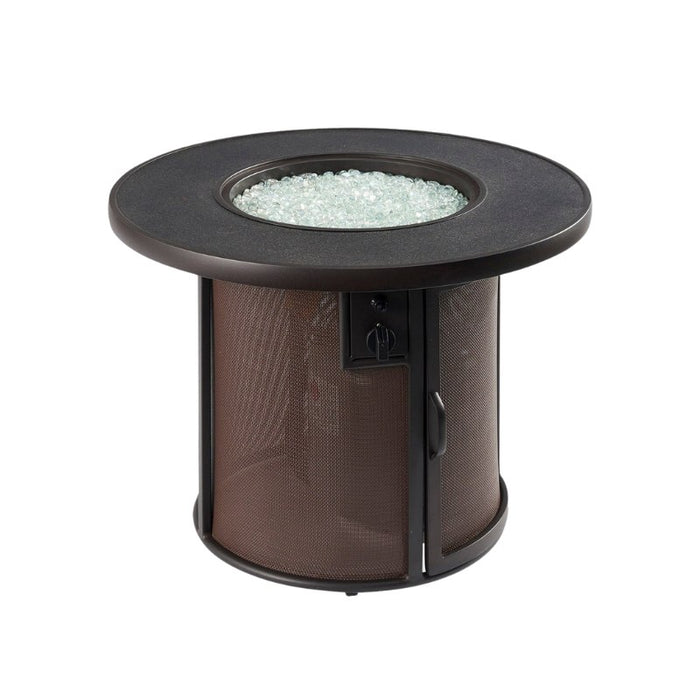 Brown Stonefire Round Gas Fire Pit Table with Clear Tempered Fire Glass Gems