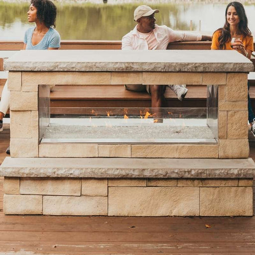 Carol Rose 48 See-Through Vent-Free Outdoor Linear Fireplace Close-Up with Friends Having a Good Time Around the Fireplace