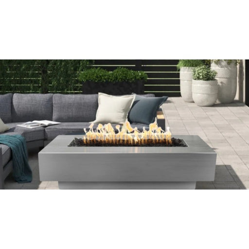 Cedar Park Fire Pit - Stainless Steel  72" with Lava Rock Placed in Backyard Lounge V2