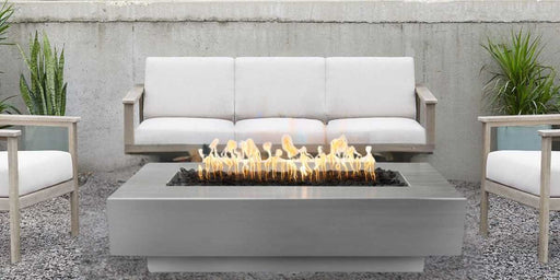 Cedar Park Fire Pit in Stainless Steel 108" with Lava Rock Placed in Backyard Lounge V1