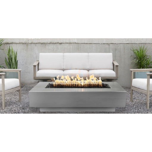 Cedar Park Fire Pit in Stainless Steel 84" with Lava Rock Placed in Backyard Lounge V2