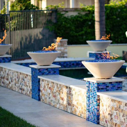 Charleston Fire Bowl - GFRC Concrete 36" Placed in Swimming Pool Area with Cerulean Fire Pebbles V2