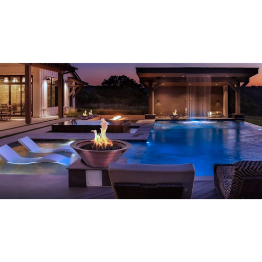 Charleston Fire Bowl - Hammered Copper 30" with Lava Rock Placed in Swimming Pool Lounge Area V2