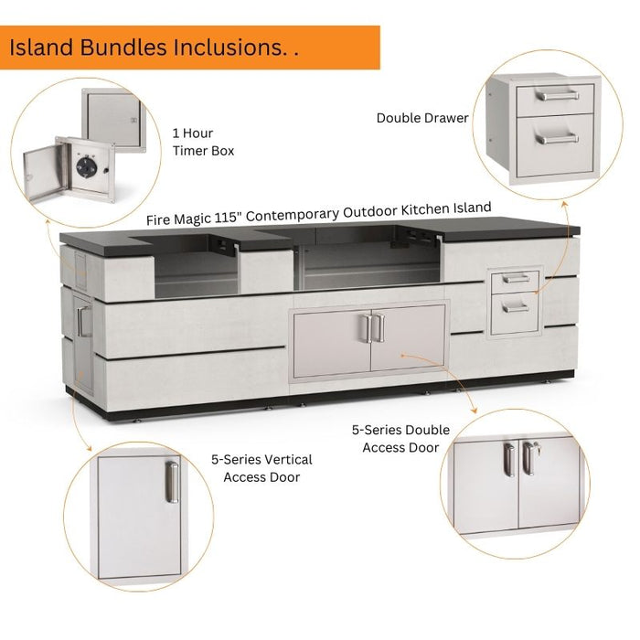 Contemporary 115 Outdoor Kitchen Island with Double Drawer Bundles Inclusions