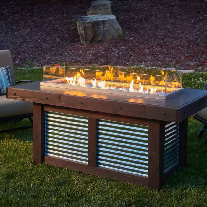 Denali Brew Linear Gas Fire Pit Table Outdoor plus Clear Tempered Fire Glass Gems Plus Fire Burner On and Glass Wind Guard Scaled