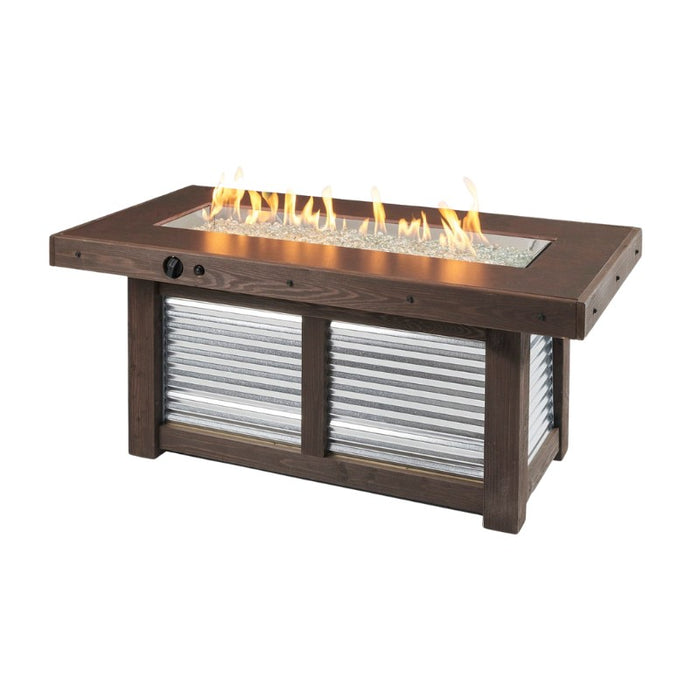 Denali Brew Linear Gas Fire Pit Table Outdoor plus Clear Tempered Fire Glass Gems and Fire Burner On