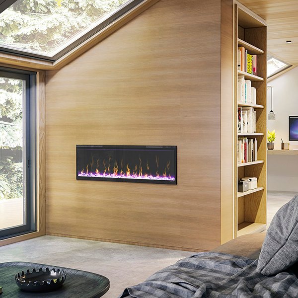 Dimplex Ignite XL50 Built-in Linear Electric Fireplace installed on side of book-shelf