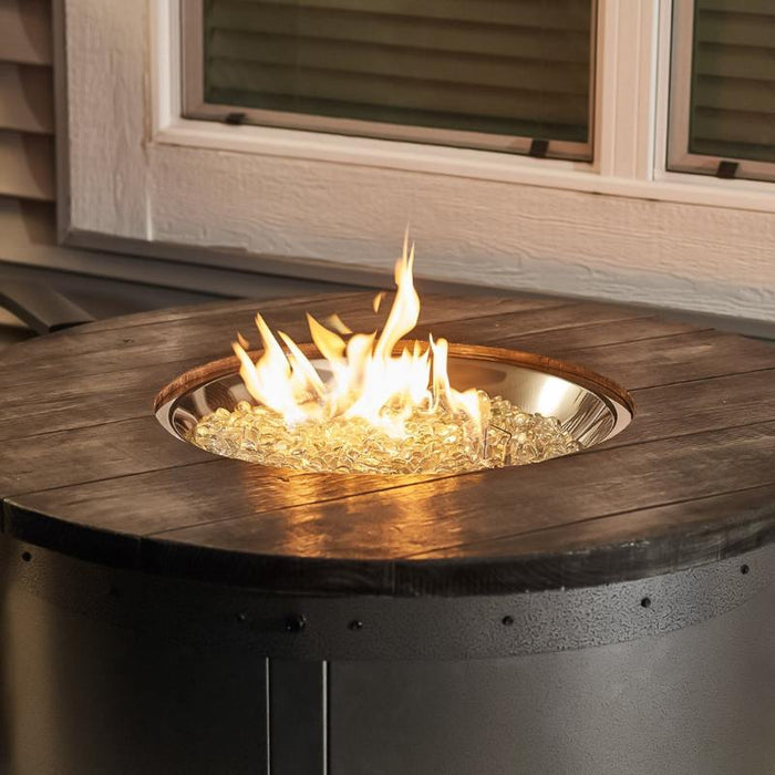 Edison Round Gas Fire Pit Table with Clear Tempered Fire Glass Gems Scaled plus Fire Burner On Scaled