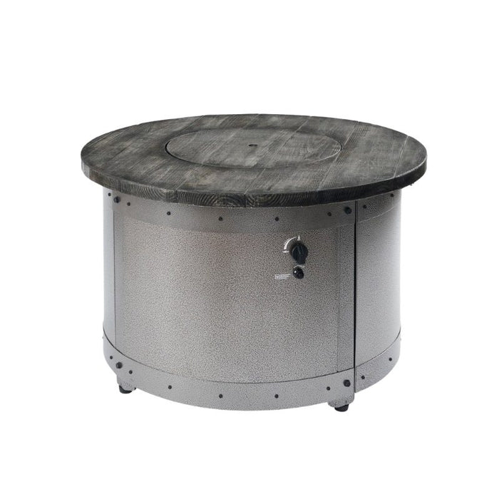 Edison Round Gas Fire Pit Table with Weathered Grey Barnwood Concrete Burner Cover