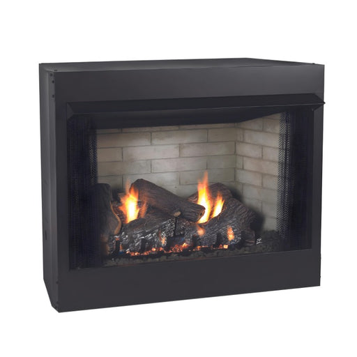 Empire Breckenridge Deluxe 36 Vent Free Firebox with Flush Front,  Refractory Brick, Extended Hood and  Refractory Sassafras Log Set Slope Glaze Burner System