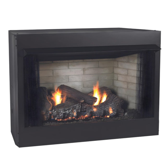 Empire Breckenridge Deluxe 42 Vent Free Firebox with Flush Front,  Refractory Brick, Extended Hood and  Refractory Sassafras Log Set Slope Glaze Burner System