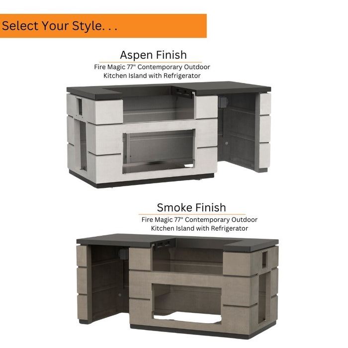 Fire Magic 77 Contemporary Outdoor Pizza Oven Kitchen Island with Refrigerator Aspen and Smoke Finish Styles