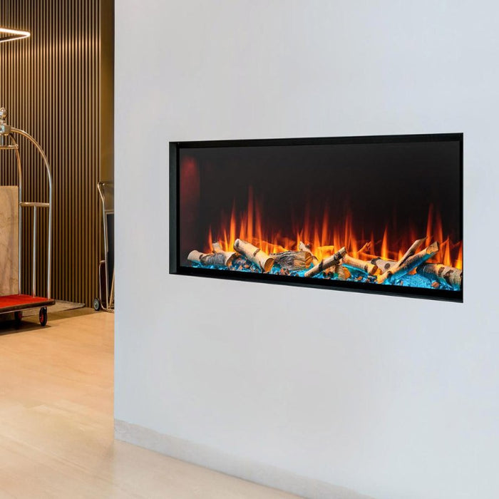 Forum 43 Outdoor Linear Electric Fireplace  installed in  Lobby Lounge Reception Area with Birch Log Set and Blue Embers