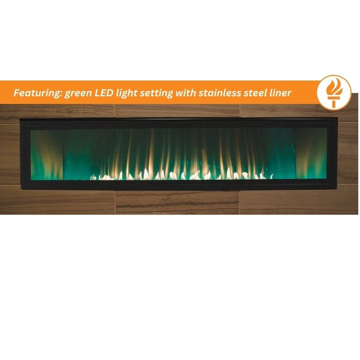 Green LED Light setting on stainless steel liner for Empire Boulevard Vent-Free Linear Gas Fireplace