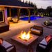 HPC Fire Square Flat Fire Pit Burner Insert Placed in Pool Side and Hang Out Area with Torpedo Burner and Lava Rock