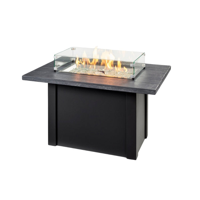 Havenwood 44 with Carbon grey Everblend top and Luverne Black base with Clear Tempered Fire Glass Gems Fire Burner On and Glass Wind Guard