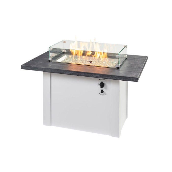 Havenwood 44 with Carbon grey Everblend top and White base with Clear Tempered Fire Glass Gems Fire Burner On and Glass Wind Guard