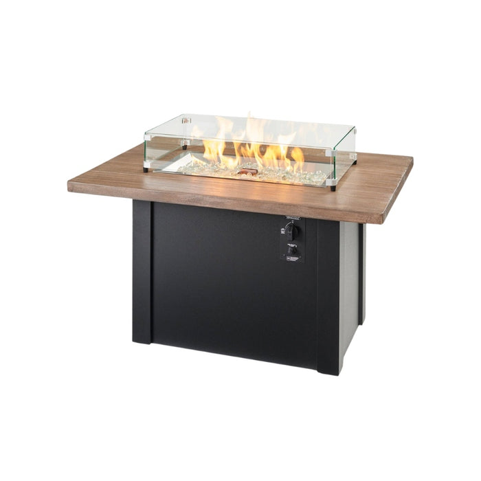 Havenwood 44 with Driftwood Everblend top and Luverne Black base with Clear Tempered Fire Glass Gems Fire On with Glass Wind Guard