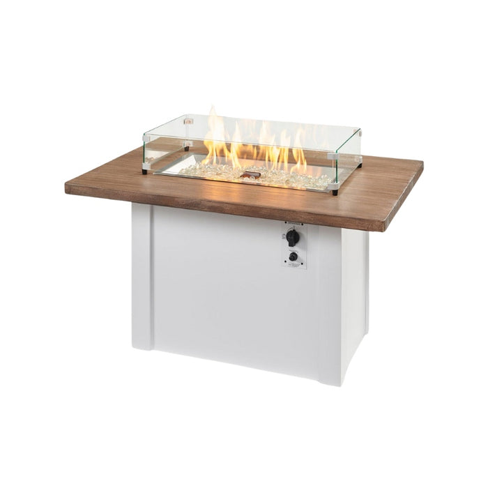 Havenwood 44 with Driftwood Everblend top and White base with Clear Tempered Fire Glass Gems Fire On with Glass Wind Guard