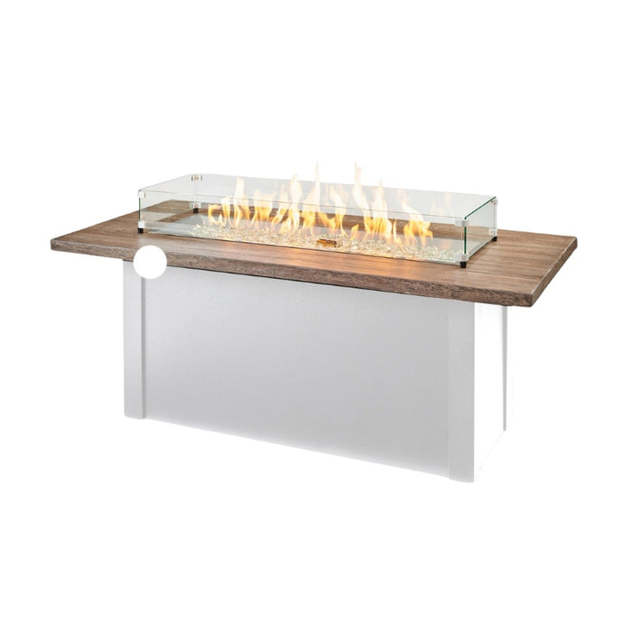 Havenwood 62" with Driftwood Everblend top and White base with Clear Tempered Fire Glass Gems Fire On with Glass Wind Guard