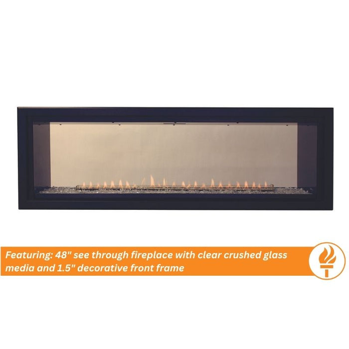 Image of Empire Boulevard Vent-Free Linear Gas Fireplace featuring see-through fireplace with clear crushed glass media and 1.5 decorative front frame