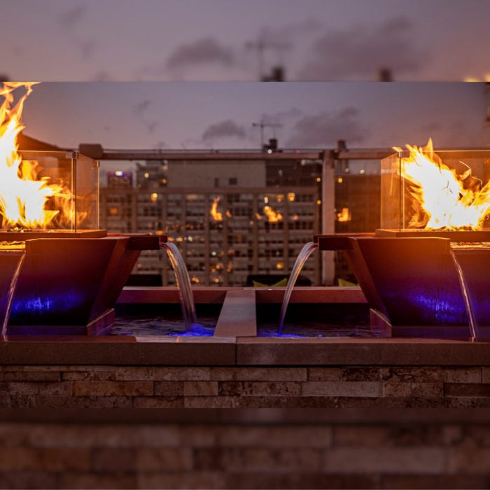 Malibu 4-Way Water Fire & Water Bowl Hammered Copper with Glass Wind Guard place at the Rooftop front building view V2