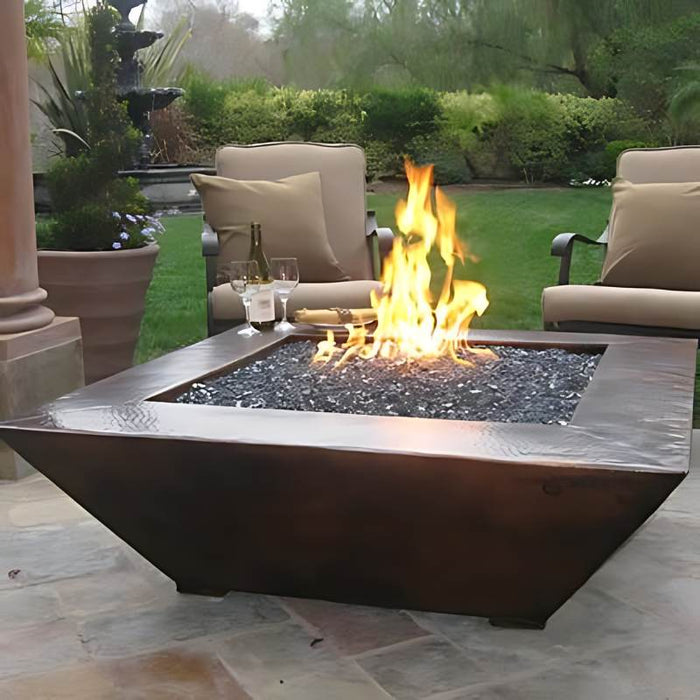 Malibu Fire Bowl - Hammered Copper with Black Reflective Fire Glass plus Bullet Burner On