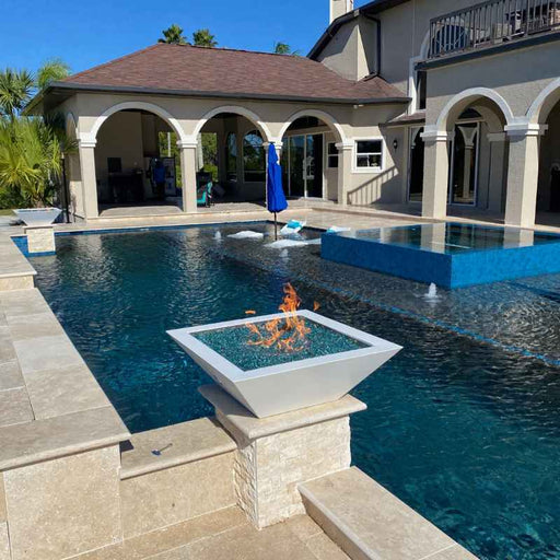 Malibu Fire Bowl - Powder Coated Metal White place at the Poolside with Cerulean Fire Pebbles plus Fire Buner On