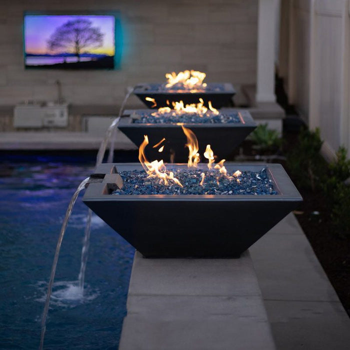 Malibu Fire & Water Bowl GFRC Metallic Slate Installed in a Private Pool with Cerulean Fire Pebbles and Fire Burner On V2