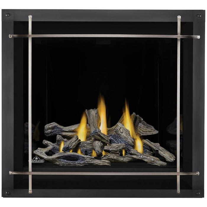 Napoleon Altitude X 36 Direct Vent Fireplace Black Illusion Glass Panels,  Denali Premium Satin Nickel and Driftwood Logs Set