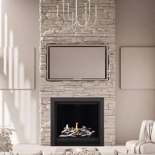 Napoleon Altitude X with Birch Logs , MIRRO-FLAME Porcelain Reflective Radiant Panel, Beveled Trim & Premium Black Safety Barrier