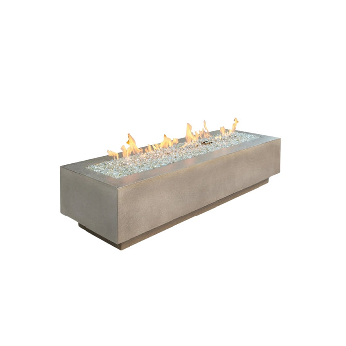 Natural Grey Cove 72 Linear Gas Fire Pit Table with Clear Tempered Fire Glass Gems plus Fire Burner On