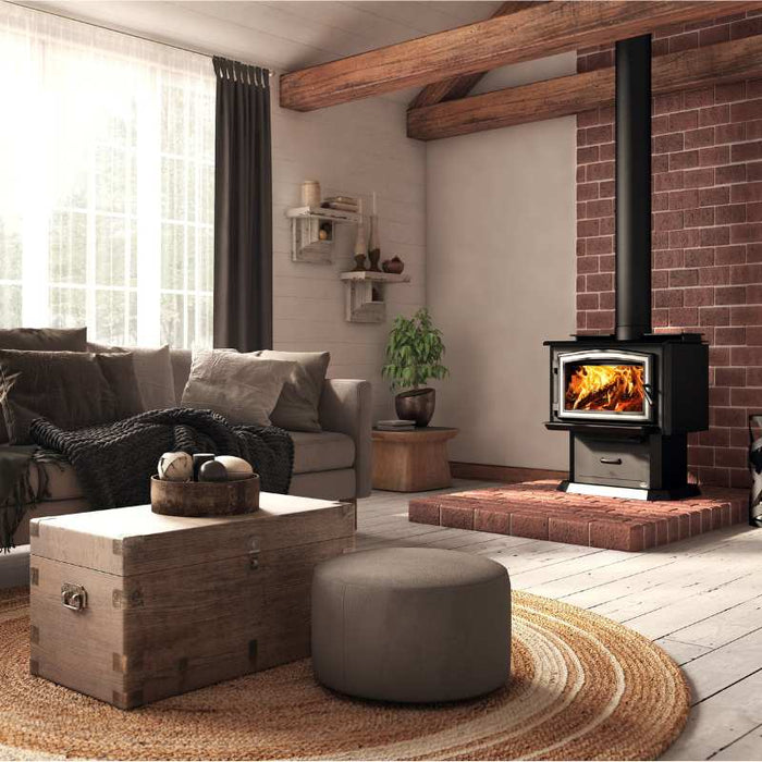 Osburn 1700 Wood Stove with Brushed Nickel Door Overlay and Black Pedestal Kit