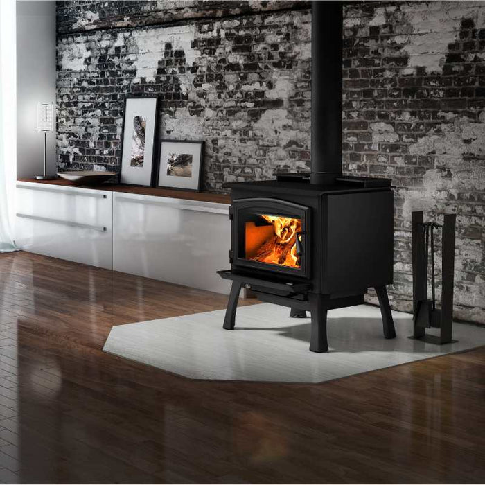 Osburn 2000 Wood Stove with Blower black door overlay and black cast iron straight leg