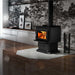 Osburn 2000 Wood Stove with Blower black door overlay and black pedestal leg