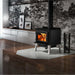 Osburn 2000 Wood Stove with Blower black door overlay and brushed nickel straight leg