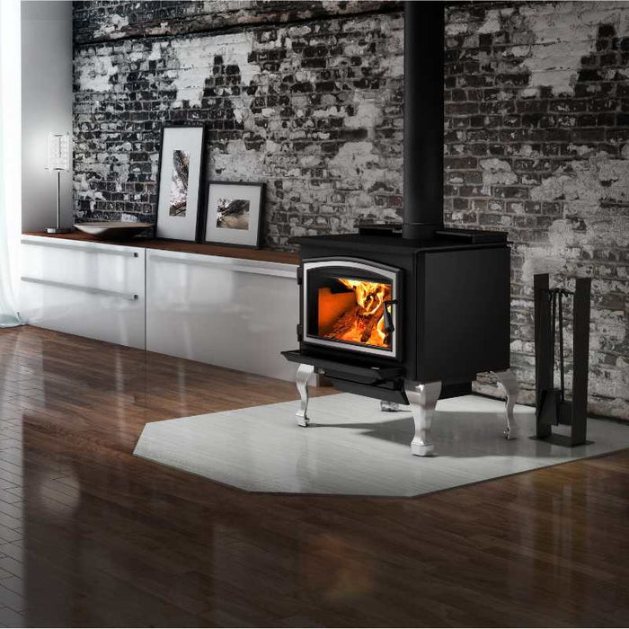 Osburn 2000 Wood Stove with Blower brushed nickel door overlay and Burshed Nickel Cast Iron Traditional Leg